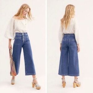 Free People Button Fly Wide Leg Cropped Jeans